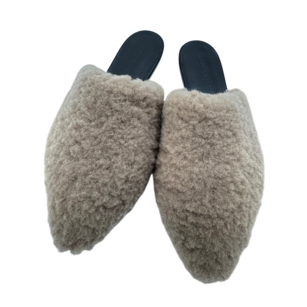 Jenni Kayne Shearling Mule Slippers Camel Tan Pointed Toe Leather Slides Womens - Picture 3 of 8